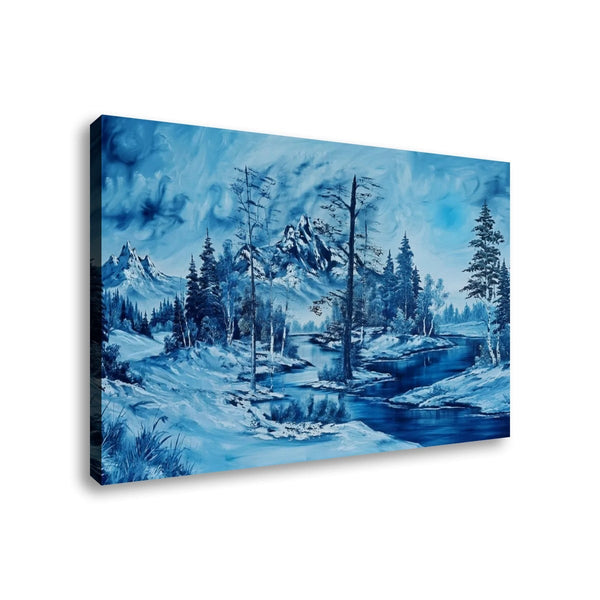 A square canvas wall art print depicting a snowy mountain landscape with pine trees and a blue river, shown at an angle against a white background.