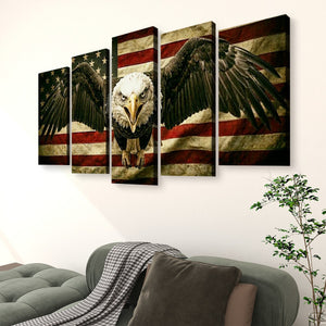 A five-panel canvas wall art set depicting a bald eagle in front of a distressed American flag, displayed above a gray sofa in a living room setting.