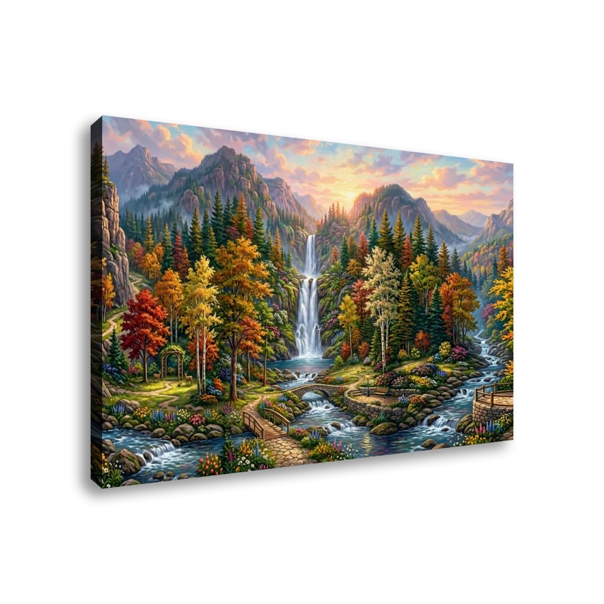 Waterfall Landscape Mountain Multi-Color Scene 5-Panel Canvas Wall Art