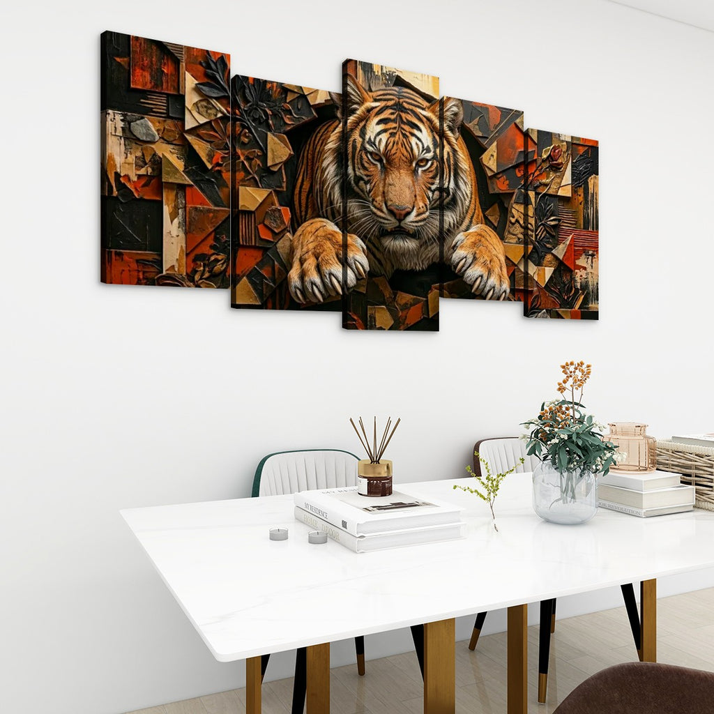 A 5-panel canvas wall art set depicting a detailed cubist-style tiger, displayed on a white wall above a modern dining table with books and a vase.