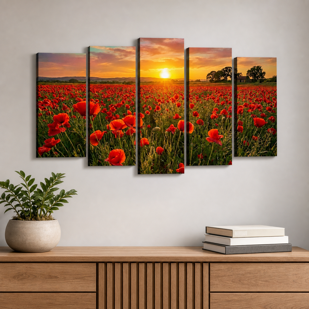 Golden Hour Poppy Field Canvas Wall Art – Fields of Fire | 5-Panel Level Nature Landscape Print