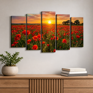 Golden Hour Poppy Field Canvas Wall Art – Fields of Fire | 5-Panel Level Nature Landscape Print