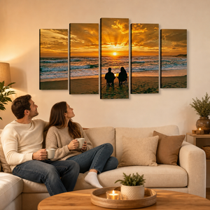 Sunset Surf Couple on the Beach Canvas Wall Art – Romantic Coastal Scene | 5-Panel Level Print