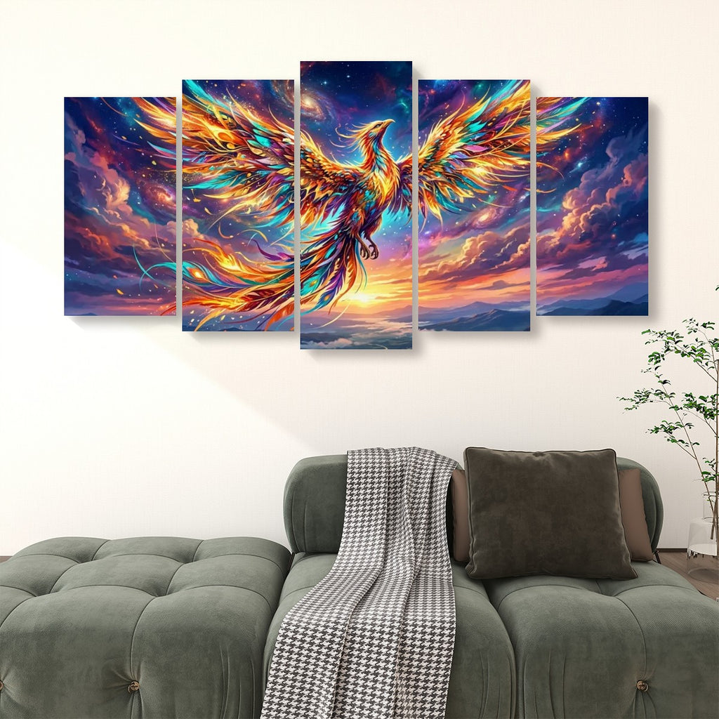 A 5-panel canvas wall art set depicting a vibrant, colorful phoenix with glowing orange and yellow wings against a dramatic purple and blue sky, displayed above a green tufted sofa in a living room setting.