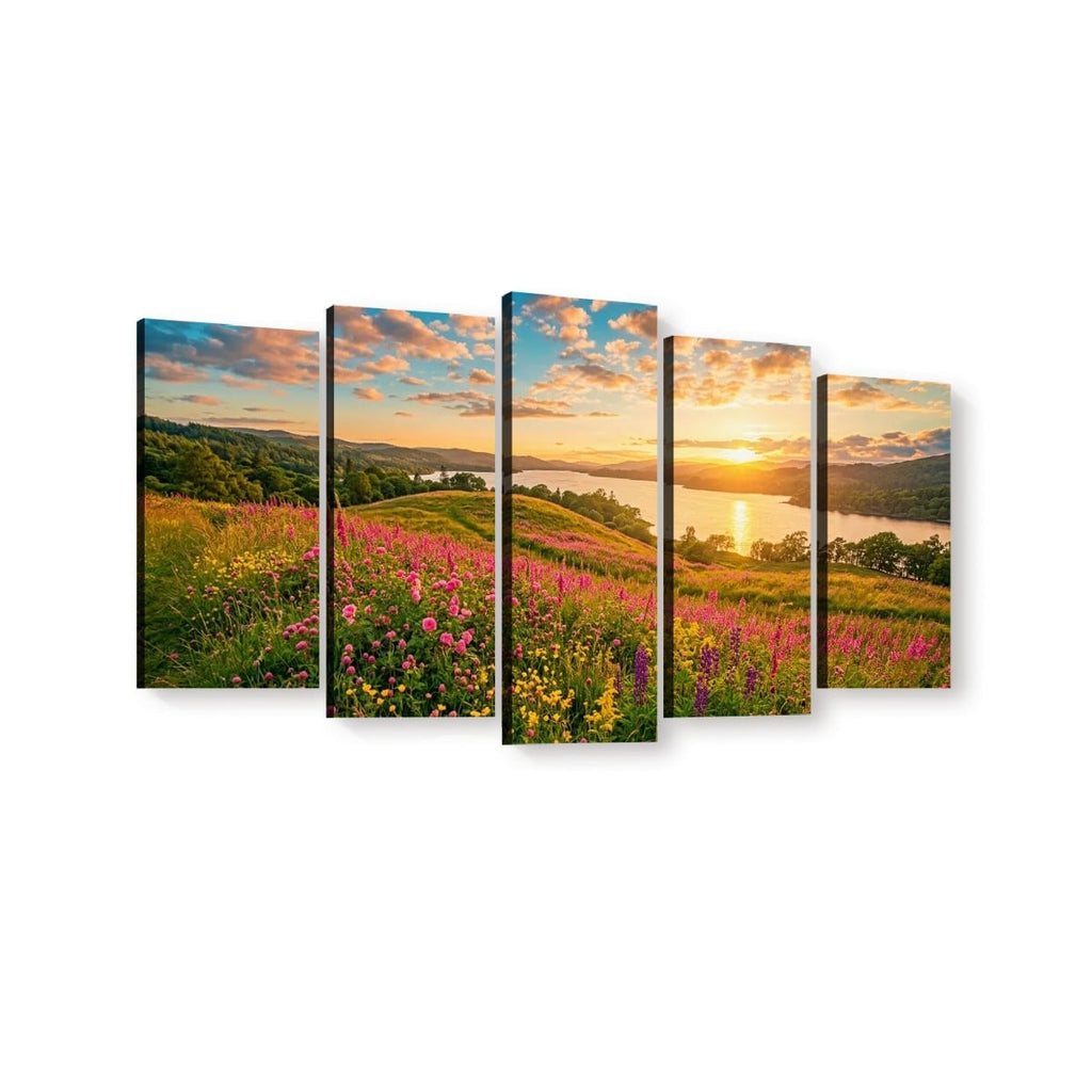 A five-panel canvas wall art set depicting a colorful landscape with pink wildflowers, green hills, a lake, and a sunset sky, shown against a plain white background.