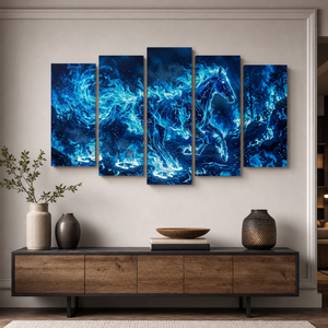A five-panel canvas wall art set depicting a glowing blue horse in an abstract cosmic swirl, displayed above a wooden console table in a modern living room setting.
