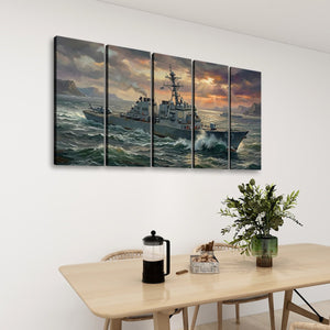 Storm Fury – Warship Battling Rough Seas 5-Panel Canvas Wall Art
