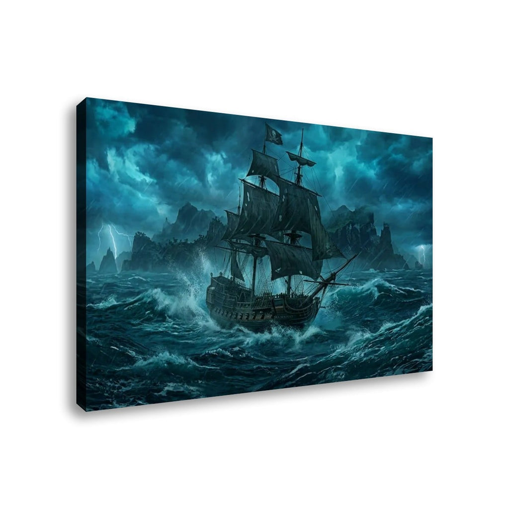 A rectangular canvas wall art print showing a dark sailing ship battling rough stormy seas under a blue-gray sky, photographed against a plain white background.
