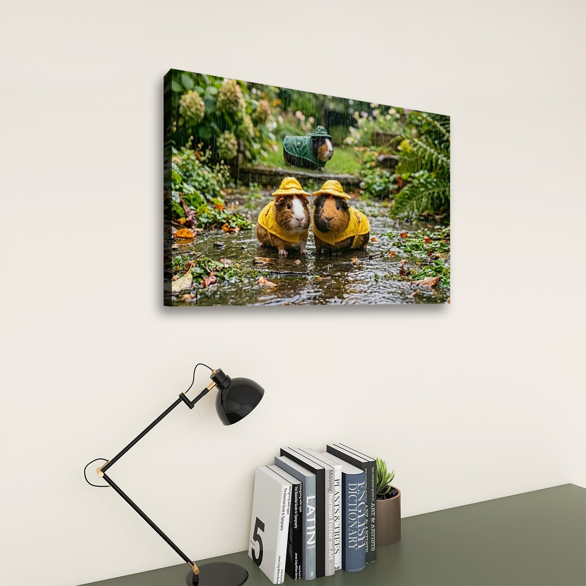 3 Guinea Pigs Playing in the Rain | 5-Panel Level Canvas Wall Art | 1, 3, 5 Panel