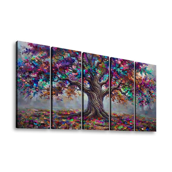 A five-panel canvas wall art set depicting a large tree with a thick brown trunk and vibrant, multicolored foliage in shades of purple, blue, pink, green, and orange, set against a light gray background.