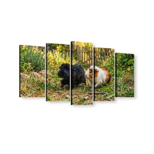 Five-panel canvas wall art showing two guinea pigs in a grassy outdoor garden setting, displayed against a plain white background.