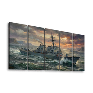 Storm Fury – Warship Battling Rough Seas 5-Panel Canvas Wall Art