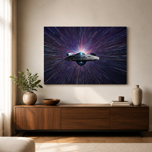 A rectangular wall art print showing a spaceship against a starburst space background, displayed above a wooden console table in a styled living room interior.