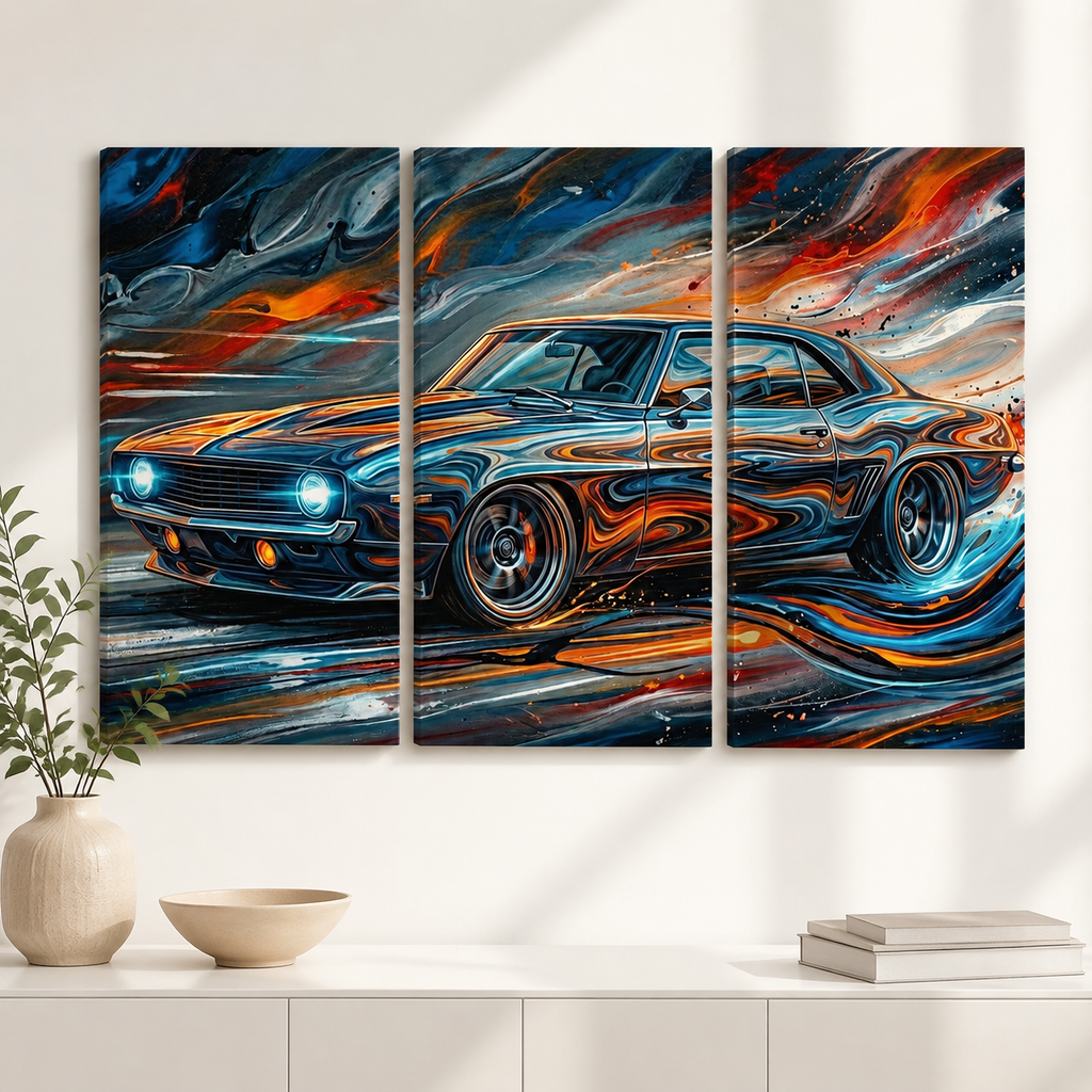 1969 Chevy Camaro Abstract Canvas Wall Art – Born to Run | 1, 3 & 5 Panel Garage Décor Print