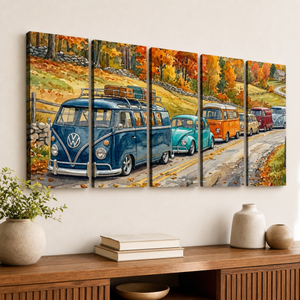 VW Beetle & Bus Watercolor Canvas Wall Art – Classic Volkswagen Parade | 5-Panel Level Print