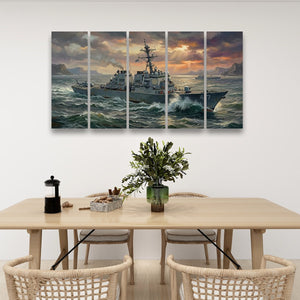 Storm Fury – Warship Battling Rough Seas 5-Panel Canvas Wall Art