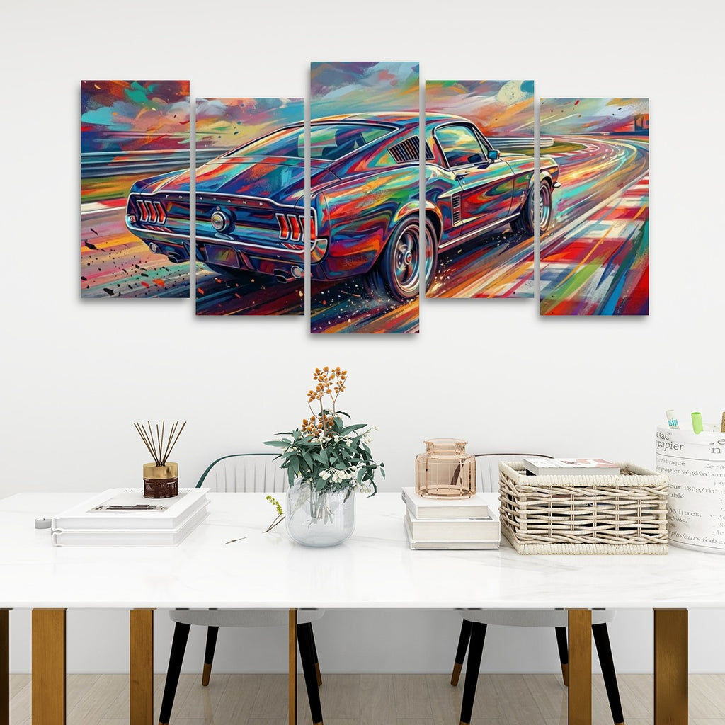 A five-panel canvas wall art set depicting a colorful, abstract-style 1967 Ford Mustang Fastback classic muscle car in motion, displayed on a white wall above a modern dining table with books, a vase, and baskets.