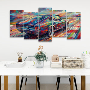 A five-panel canvas wall art set depicting a colorful, abstract-style 1967 Ford Mustang Fastback classic muscle car in motion, displayed on a white wall above a modern dining table with books, a vase, and baskets.