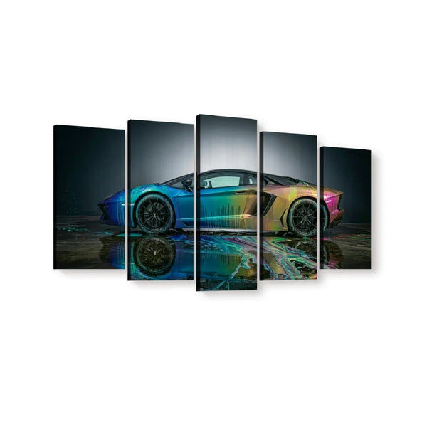 A five-panel canvas wall art set depicting a futuristic Lamborghini Aventador sports car with a blue-to-pink iridescent color gradient, shown against a dark reflective studio background.