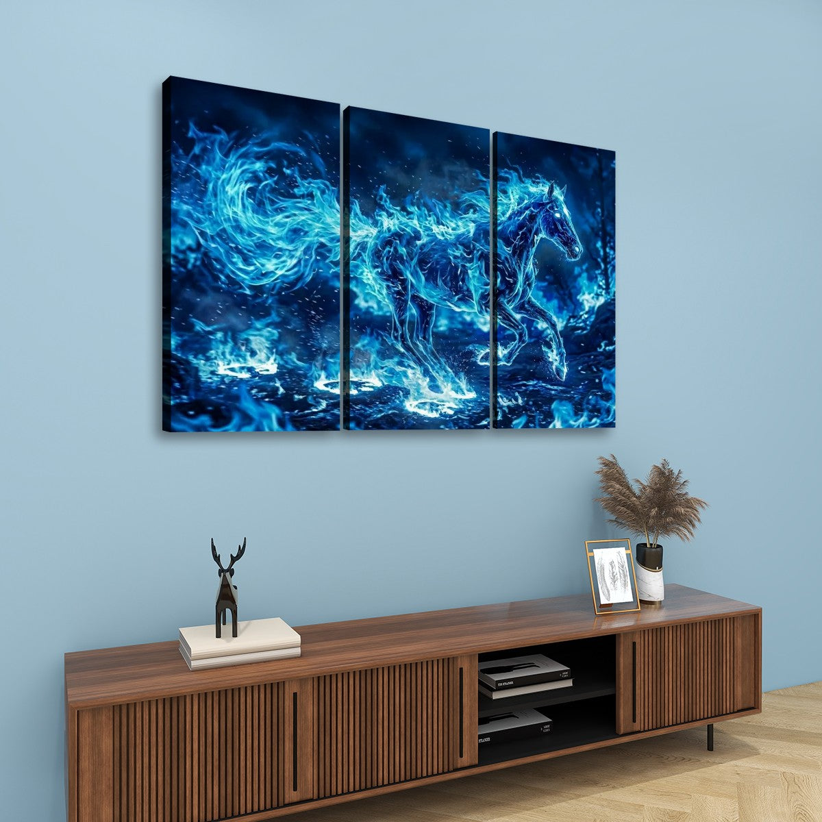 Blue Fire Horse Abstract Canvas Wall Art – Original Equine Art | 1, 3 & 5 Panel Living Room Print