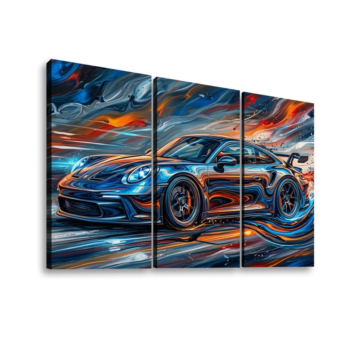A three-panel canvas wall art print depicting a stylized sports car in swirling blue, orange, and black brushstrokes, shown against a plain white background.