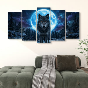 Howling Wolves with Blue Moon — 5-Panel Canvas Wall Art