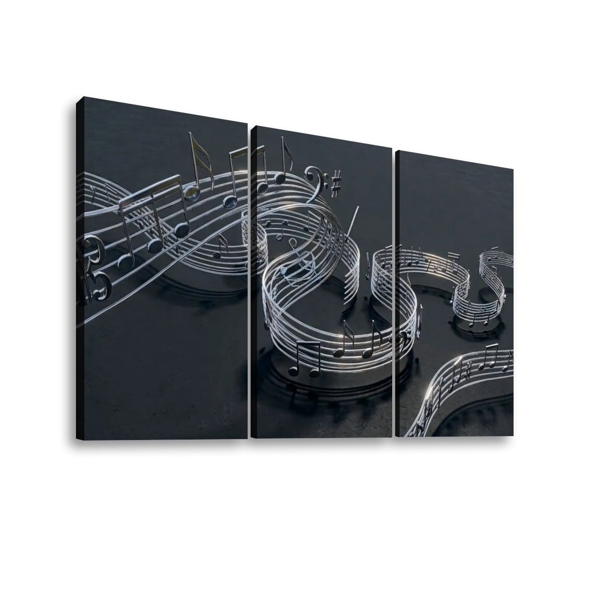 Chrome Musical Notes & Ribbon Split Canvas Panel Wall Art Decor