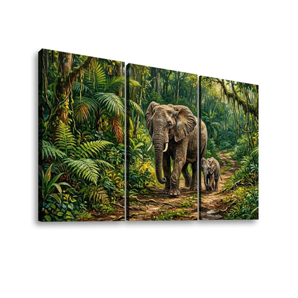 Three-panel canvas wall art showing an elephant and a baby elephant walking through a lush green jungle on a sunlit path, displayed against a plain white background.