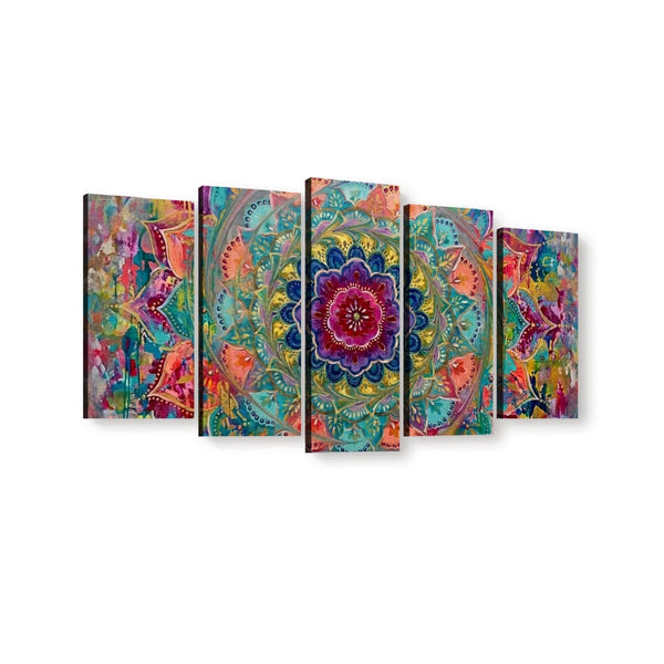 A five-panel canvas wall art set featuring a colorful abstract mandala design with turquoise, pink, purple, orange, and green tones, displayed against a plain white background.