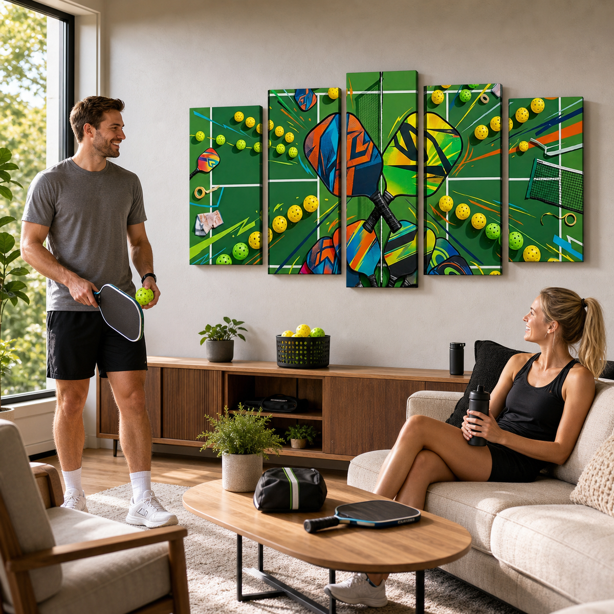 A man and a woman in a modern living room, with the man holding a paddle and tennis ball standing next to a sofa where the woman is sitting. On the wall above them is a five-panel canvas wall art set depicting a colorful, abstract pickleball on a green court with yellow balls.
