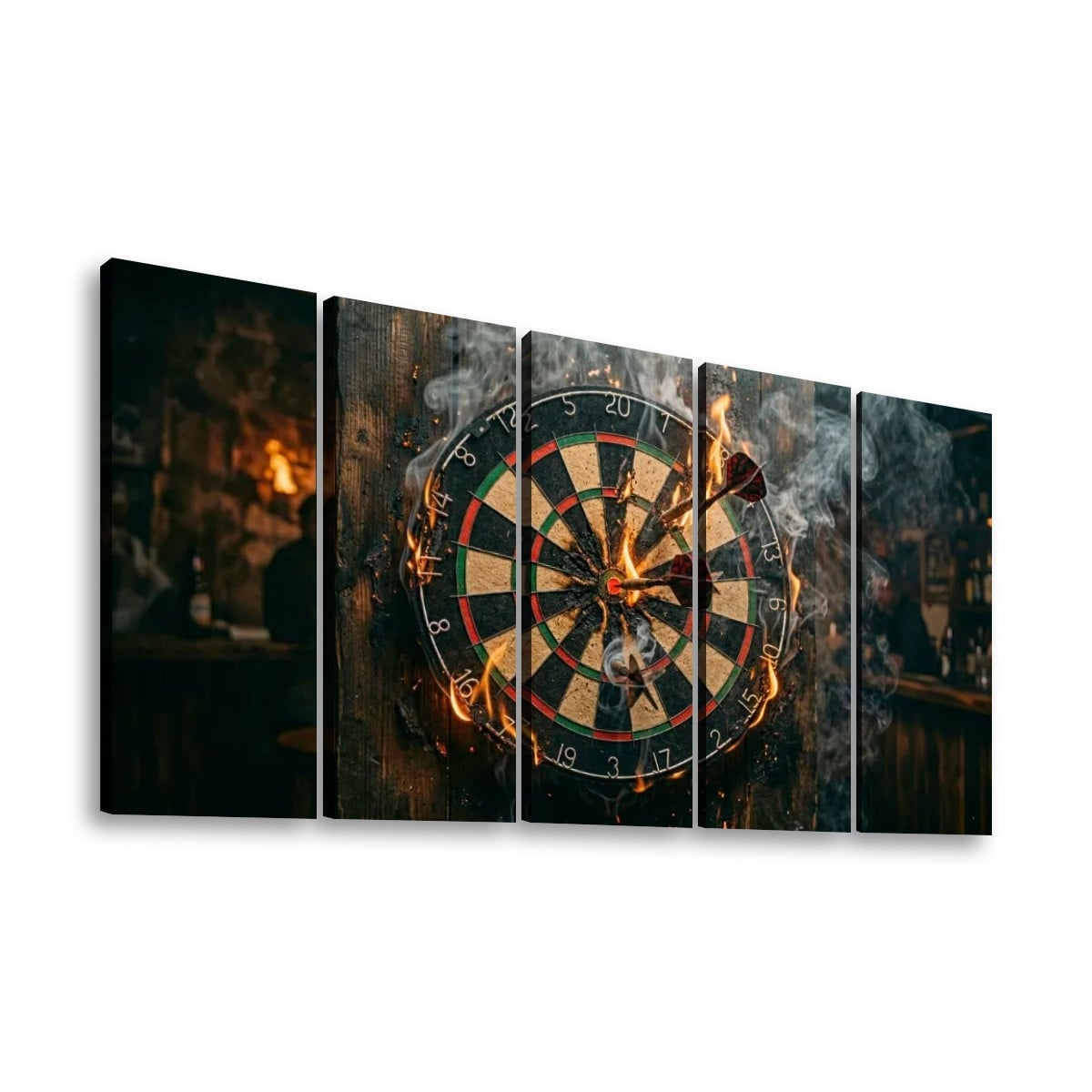 Five-panel canvas wall art showing a close-up of a burning dartboard in a dimly lit bar setting, displayed against a plain white background.