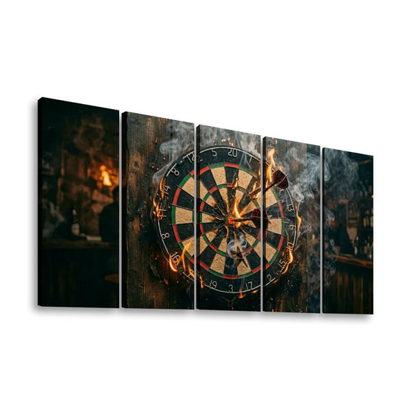 Five-panel canvas wall art showing a close-up of a burning dartboard in a dimly lit bar setting, displayed against a plain white background.
