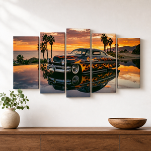 1951 Mercury Sled Canvas Wall Art – Slammed Black Flames Sunset Reflection | 5-Panel Classic Car Print