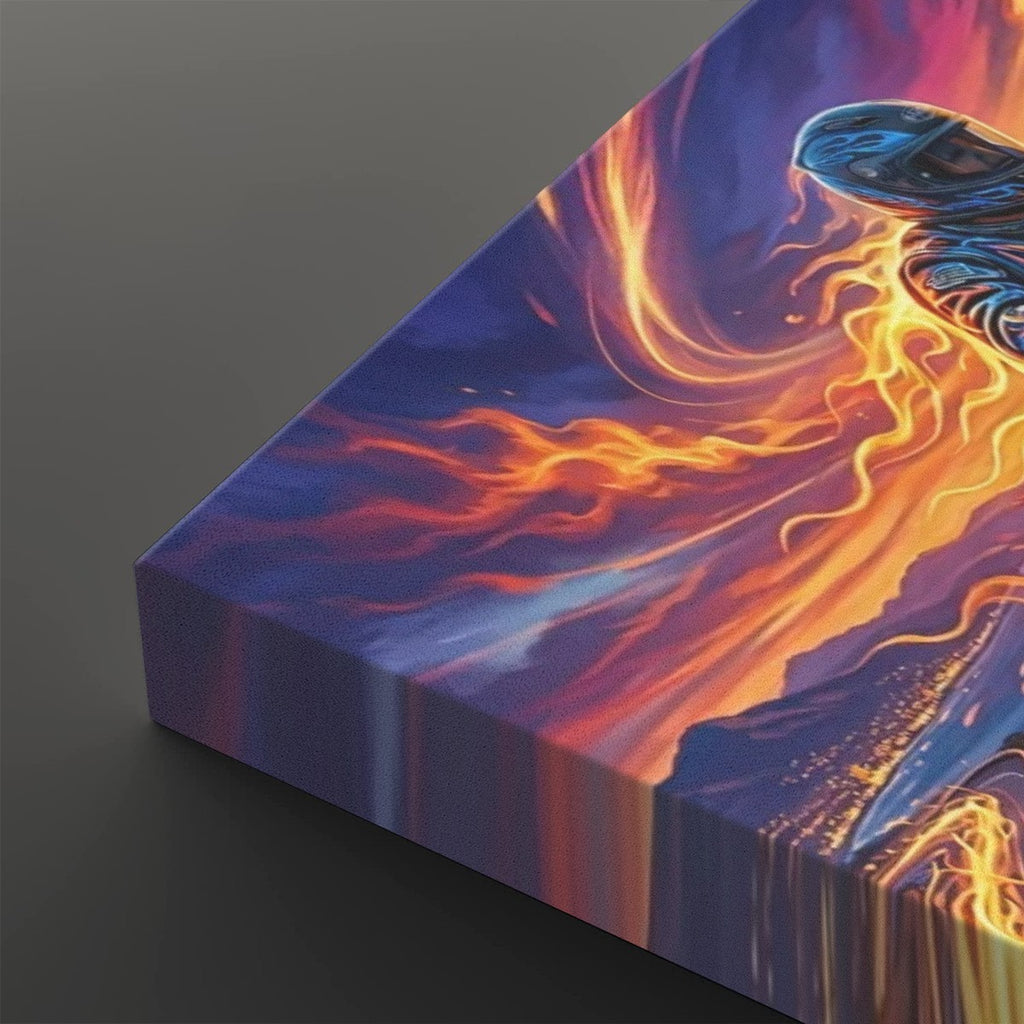 A rectangular canvas wall art print shown at an angle on a dark gray background, featuring a vivid abstract design with swirling orange and yellow flames or energy over deep blue and purple tones.