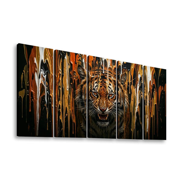 Tiger Bursting Through Dripping Paint Canvas Wall Art – Unleashed | Multi-Panel Wildlife Print