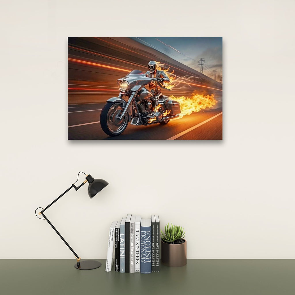 Chrome Dome Skeleton Fire Bagger Motorcycle Split Canvas Panel Wall Art | 1, 3, 5 Panel