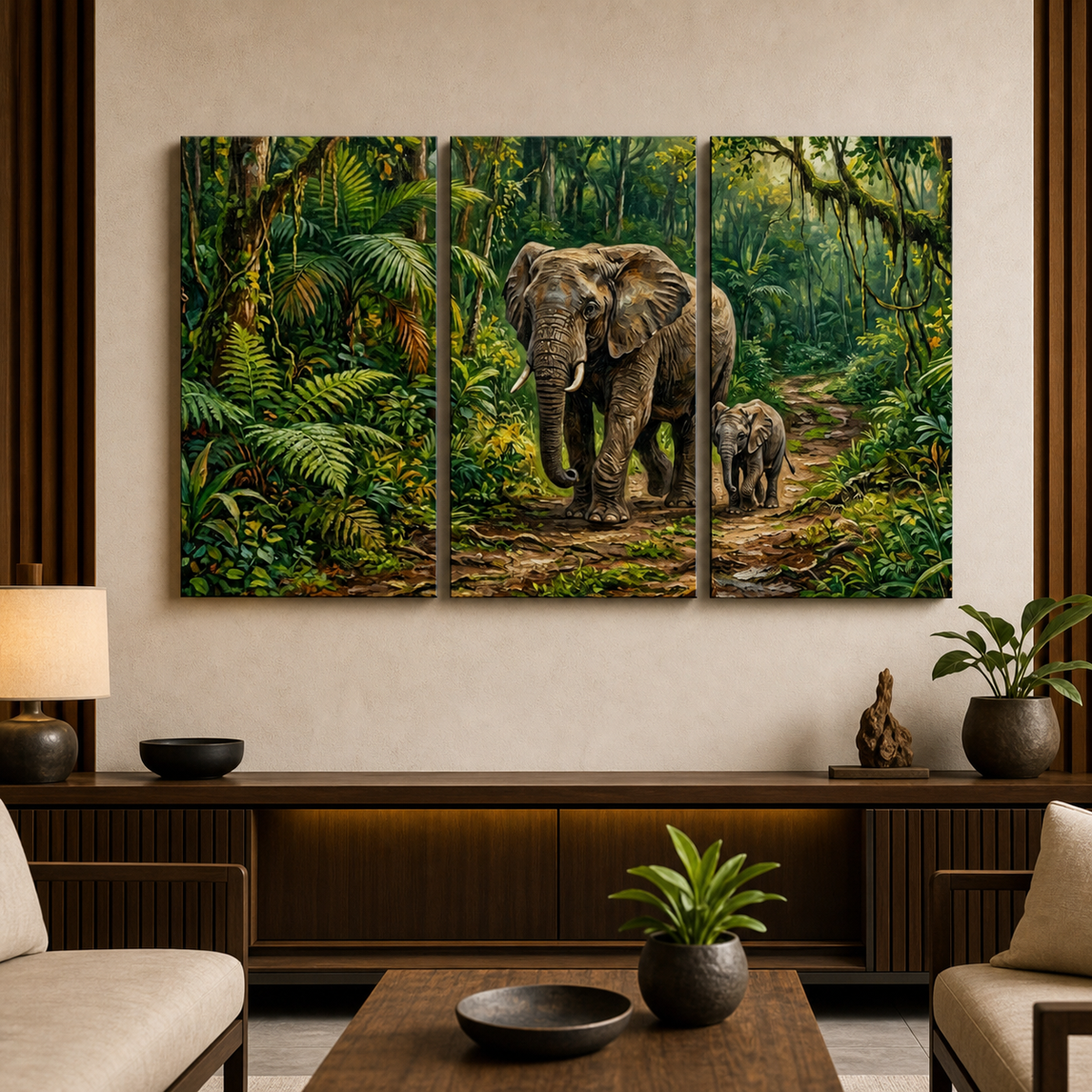 A three-panel canvas wall art set depicting a large elephant and a baby elephant walking through a lush green jungle, displayed in a modern living room setting above a wooden console table.
