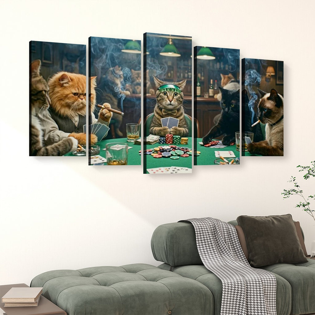 A 5-panel canvas wall art set depicting cats playing poker, displayed on a white wall above a green sofa in a living room setting.