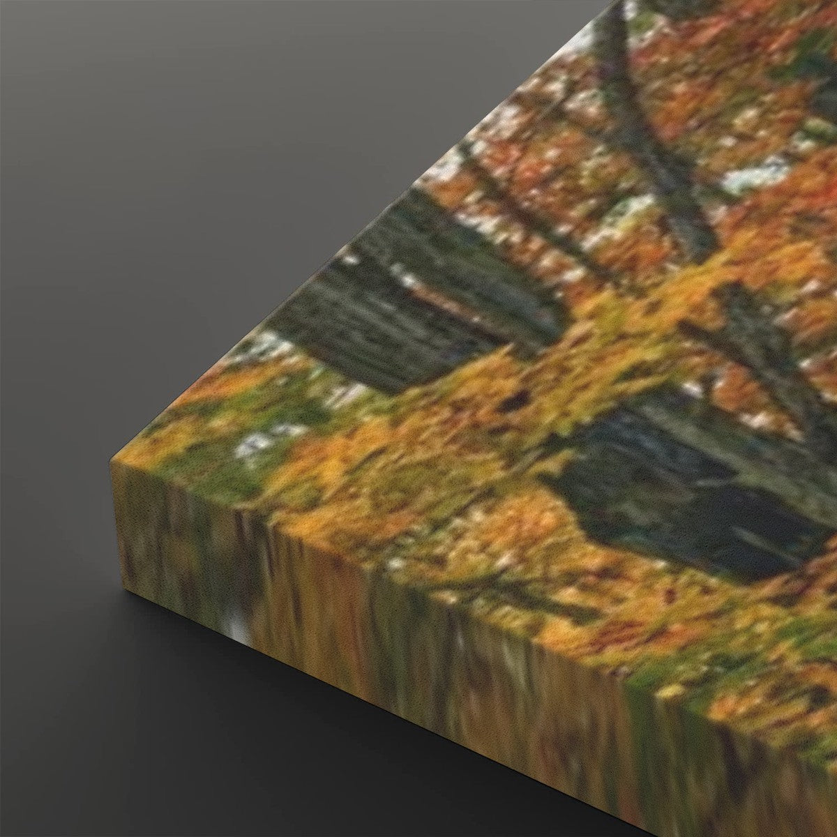 A square canvas print shown at an angle, featuring a blurred autumn forest scene with orange, yellow, green, and dark tree branches, set against a dark gray background.