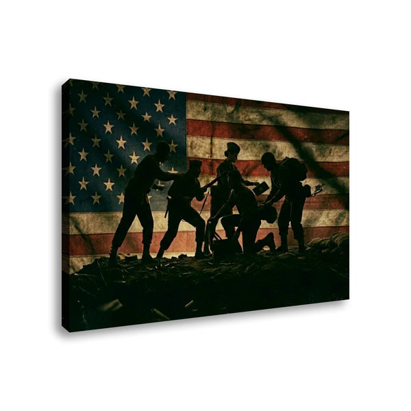 A rectangular wall art canvas showing a distressed American flag background with dark silhouetted figures in the foreground, photographed against a plain white background.