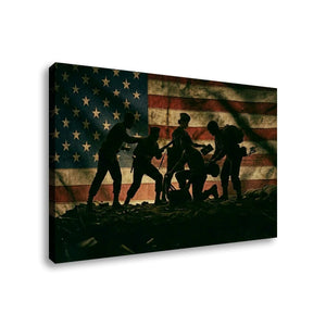 A rectangular wall art canvas showing a distressed American flag background with dark silhouetted figures in the foreground, photographed against a plain white background.