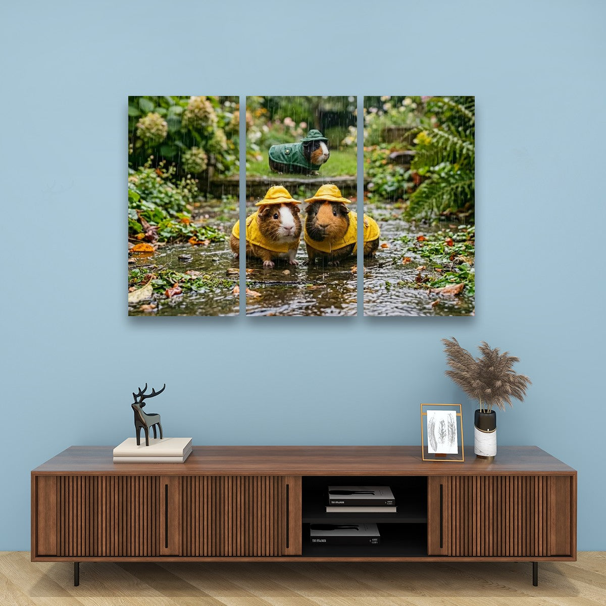 3 Guinea Pigs Playing in the Rain | 5-Panel Level Canvas Wall Art | 1, 3, 5 Panel
