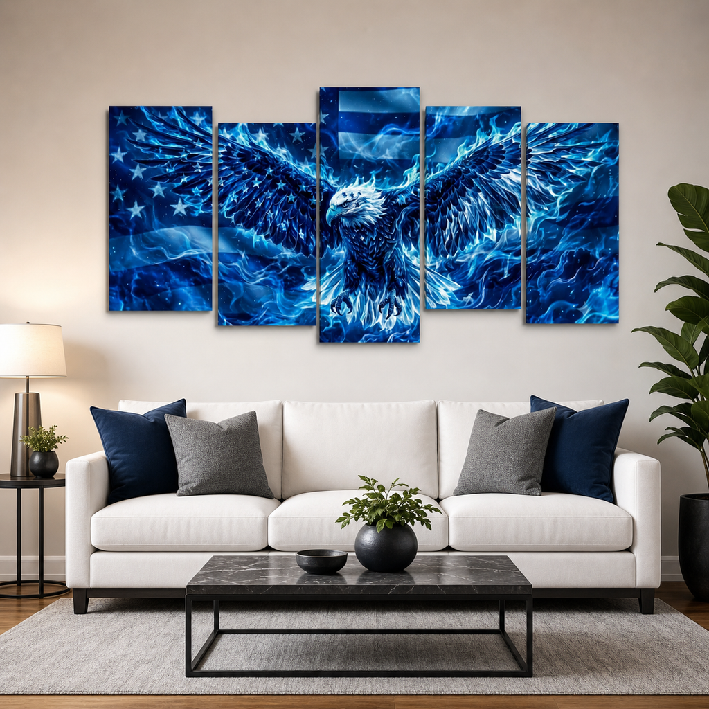 Blue Eagle Abstract US Waving Flag Canvas Wall Art – Patriotic Print | Multi-Panel