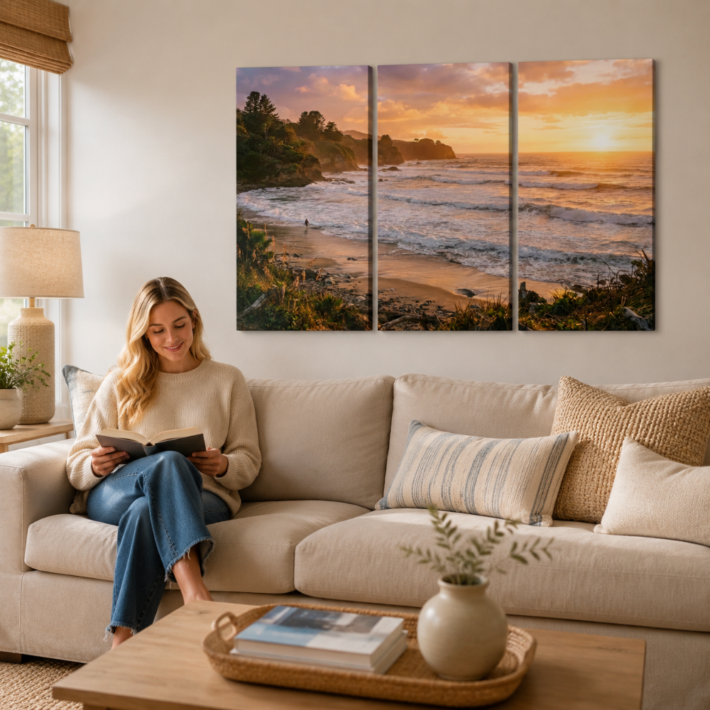A woman sits on a beige sofa in a bright living room, reading a book. Above her is a three-panel canvas wall art print showing a coastal sunset over ocean waves and sandy shoreline.