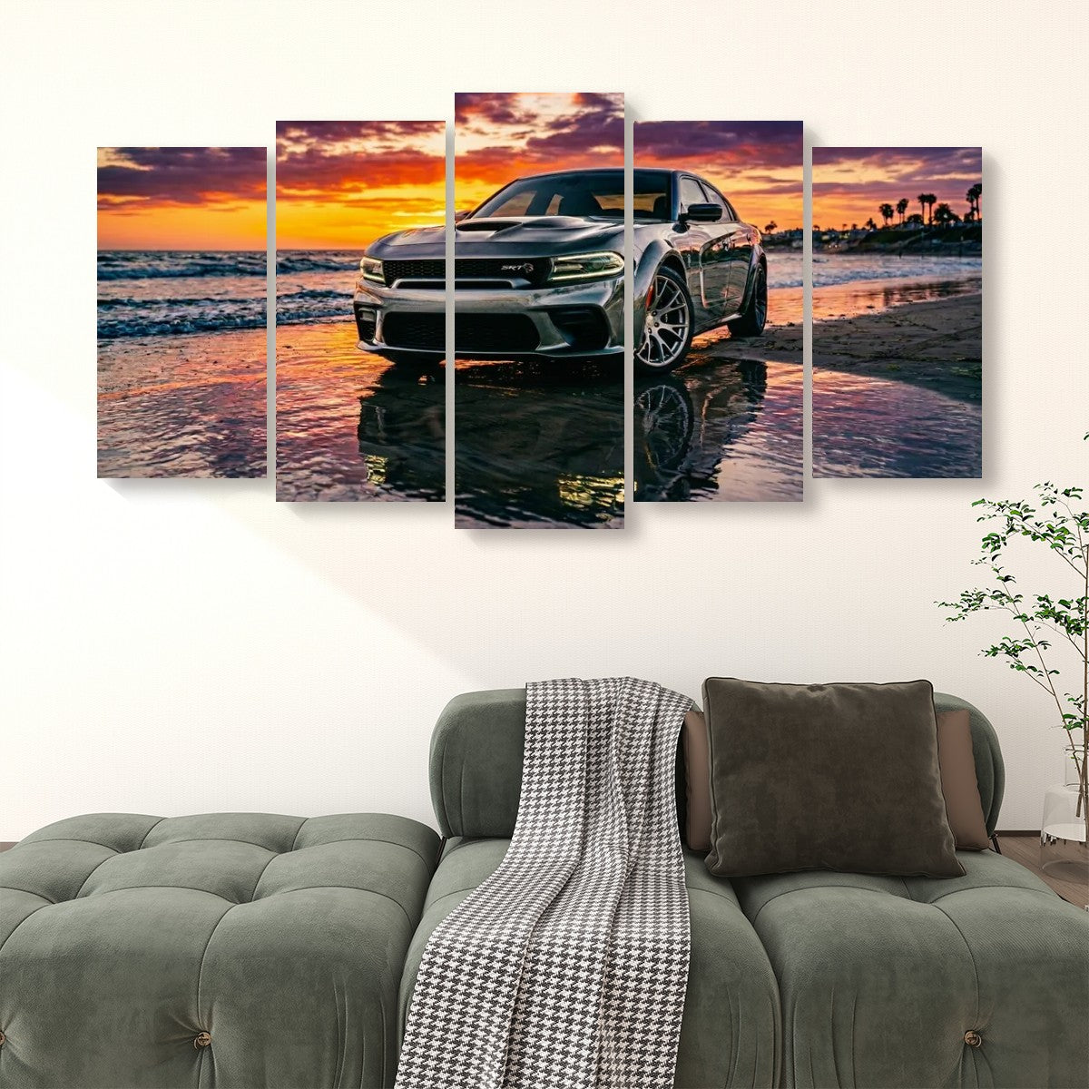 Dodge SRT Hellcat Charger Canvas Wall Art – Beach Sunset Scene | 5-Panel Level Garage Décor Print