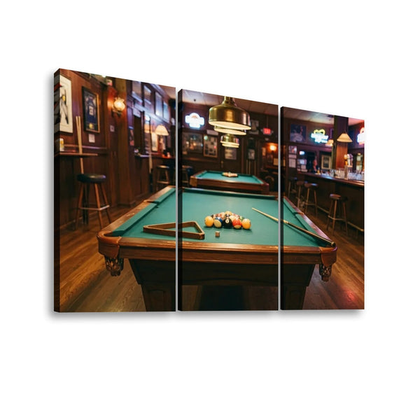 A three-panel canvas wall art print depicting a dimly lit bar interior with a green pool table in the foreground, shown against a plain white background.