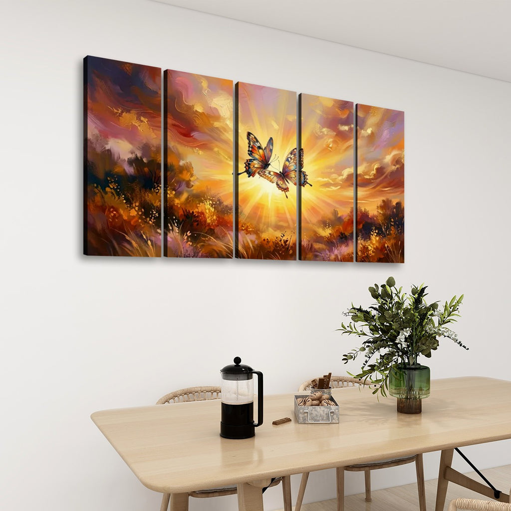 Golden Hour Butterflies Canvas Wall Art – Warm & Ethereal Abstract Print | 1, 3 & 5 Panel