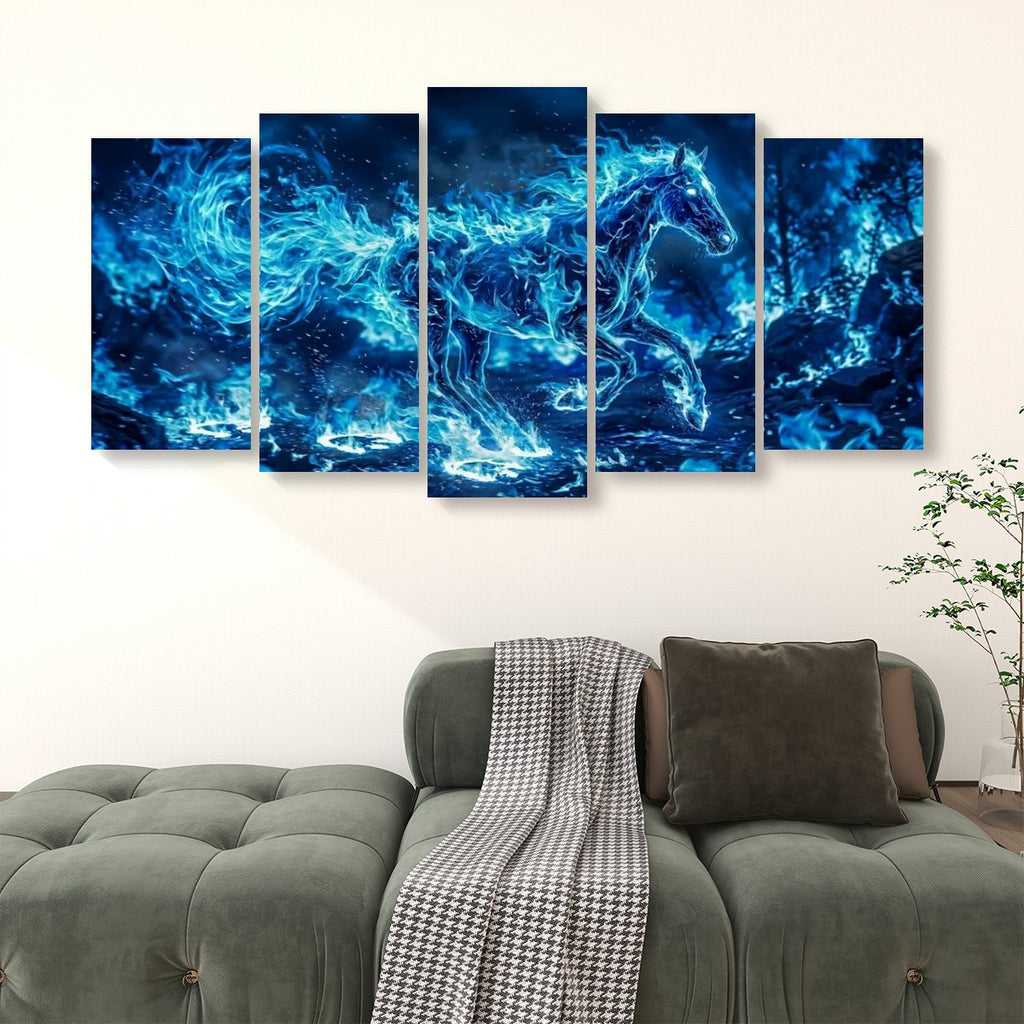 A five-panel canvas wall art set depicting a glowing blue horse in a cosmic, nebula-like scene, displayed above a green tufted sofa in a living room setting.