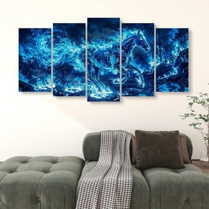 A five-panel canvas wall art set depicting a glowing blue horse in a cosmic, nebula-like scene, displayed above a green tufted sofa in a living room setting.