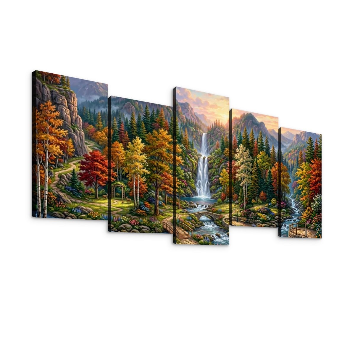 Waterfall Landscape Mountain Multi-Color Scene 5-Panel Canvas Wall Art